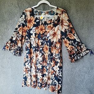 Honeyme Oversized Womens Dress Midi Pockets Floral Size Small Ruffle Sleeves NWT